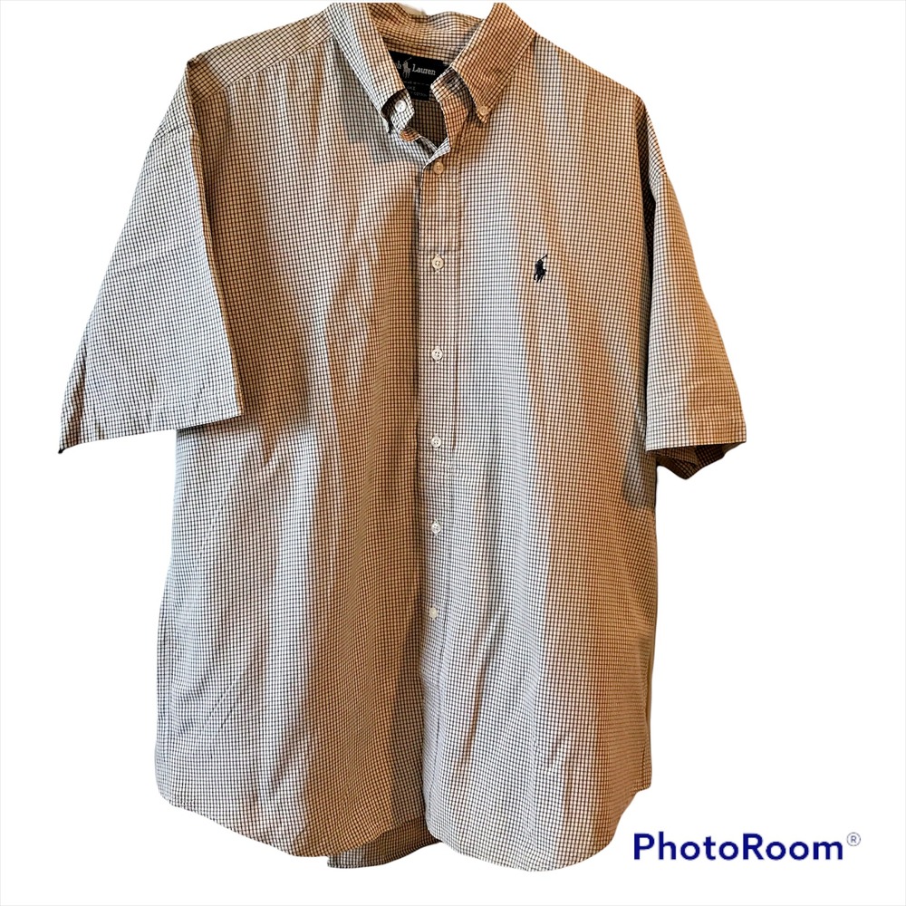 Ralph Lauren Button Down Shirt Large Tan Gingham Excellent Blake Short Sleeve